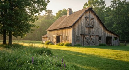 Obraz premium Weathered wooden barn in golden morning light, surrounded by lush green fields and trees