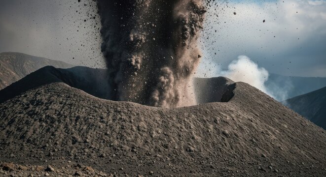 Volcanic eruption showcasing an ash column, smoke, and crater details