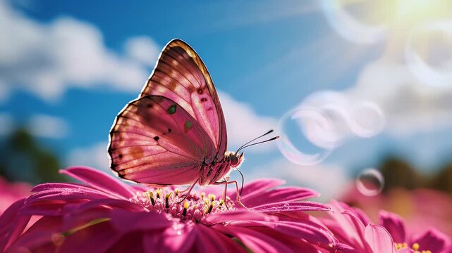 Close-up of a pink butterfly perched on a vibrant pink flower against a sunny blue sky