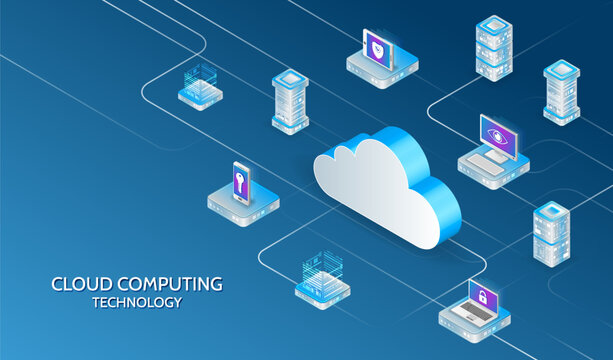 Isometric cloud computing illustration with servers, laptops, and secure devices connected to a central cloud, representing data storage, networking, cybersecurity, and modern IT infrastructure.