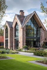 Fototapeta premium Modern house with large windows located in a green garden at noon surrounded by trees and bushes showcasing contemporary design and architecture