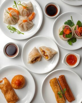 Assorted Asian Dim Sum and Spring Roll Served on White Plate with Sauce Top View Food Photography
