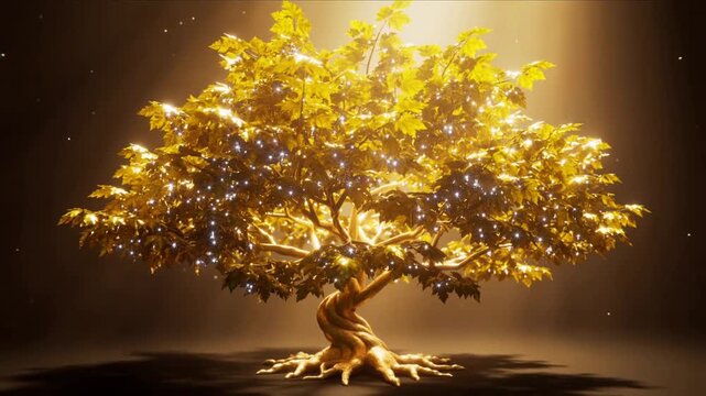 Golden tree growing and blooming with sparkling leaves. Surreal nature animation with light particles.