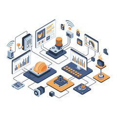 Fototapeta premium Isometric illustration of interconnected devices and data visualization elements.