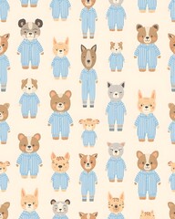 Obraz premium Seamless cute animal doctor pattern with cartoon characters in medical outfits, playful pastel illustration for kids background and nursery decor 