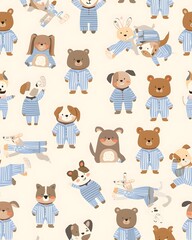 Seamless cute animal doctor pattern with cartoon characters in medical outfits, playful pastel illustration for kids background and nursery decor
