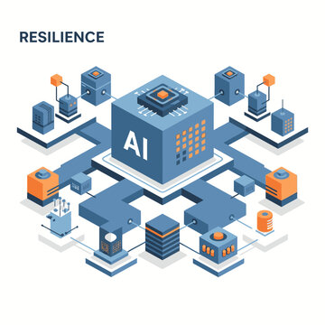 Isometric AI technology illustration with interconnected systems and resilience theme.