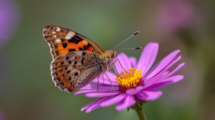Obraz premium Butterfly resting on purple flower in soft natural light, detailed macro wildlife photography showing pollination and spring garden beauty 