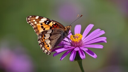 Fototapeta premium Butterfly resting on purple flower in soft natural light, detailed macro wildlife photography showing pollination and spring garden beauty 