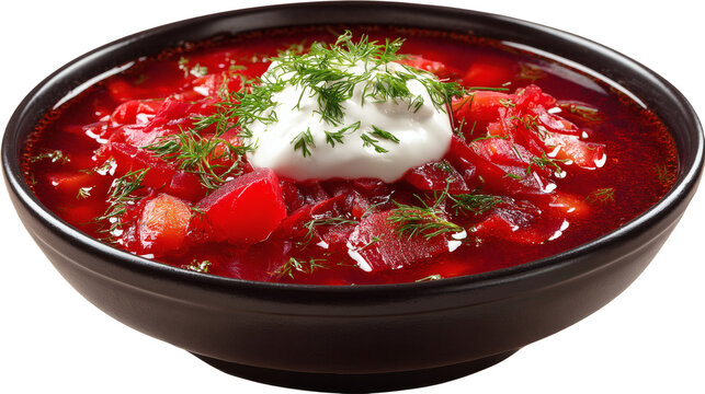 Borscht soup with sour cream, traditional Russian food, isolated on a white background