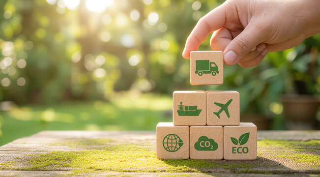 Green logistics strategy with eco transport icons and sustainable shipping blocks placed on moss for environmental supply chain planning