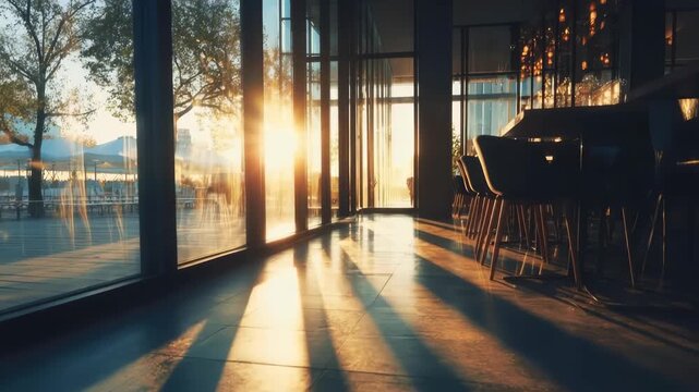 photo of sunlight pattern on caf&eacute; floor through glass wall, white and green minimal composition