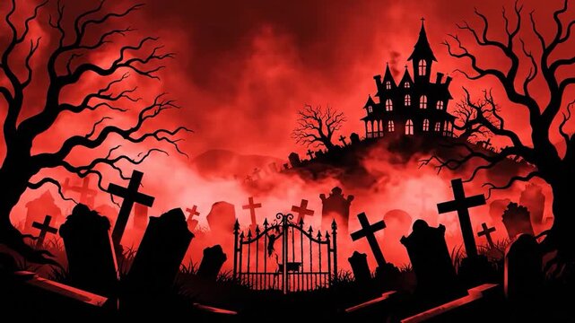 Spooky Halloween Night Cemetery Scene with Haunted House and Red Sky.