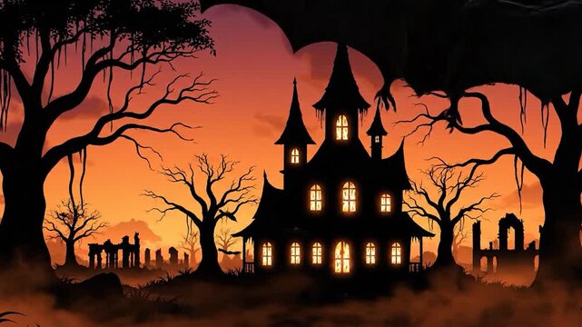 Spooky Halloween Night - Haunted House and Graveyard Animation.
