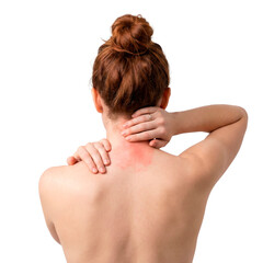 A woman with her hands on the back of her neck, massaging a sore spot on her upper back on transparent background