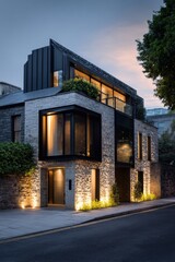 A contemporary structure featuring a stunning blend of stone and glass rises amid the city at dusk, beautifully illuminated by lights and adorned with lush greenery