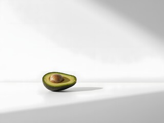 Minimalist avocado half on clean white surface with soft natural light, healthy food concept, modern still life composition with copy space
