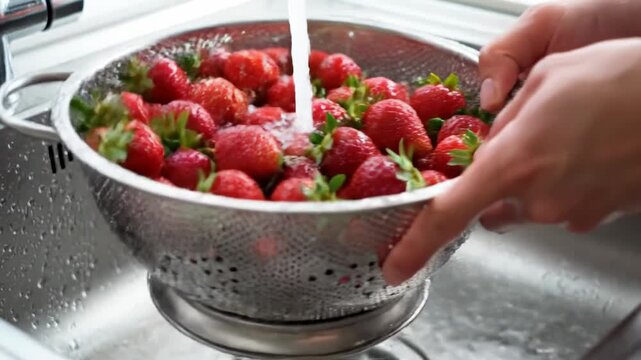 A persons hands washing fresh red strawberries in a metal colander under running water in a kitchen sink for healthy food preparation