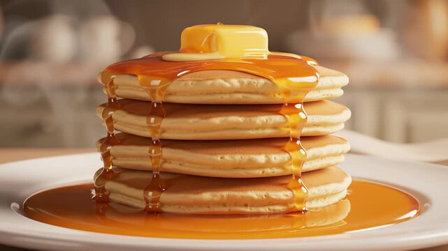 Delicious stack of golden pancakes with melting butter and flowing syrup on a plate. Warm sweet breakfast food on a kitchen background