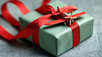 Green gift box wrapped in red ribbon featuring a miniature bow, festive holiday concept, elegant packaging design, vibrant colors, soft lighting, realistic shadows, cinematic composition, ultra-detail