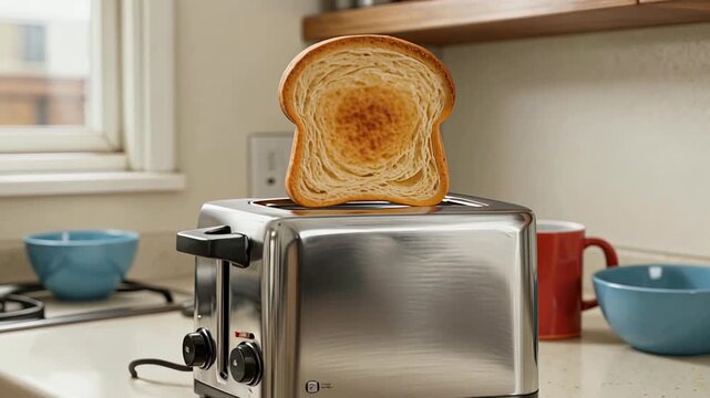 Bread slice pops out of a modern stainless steel toaster sequence for breakfast. Home kitchen appliance prepare meal