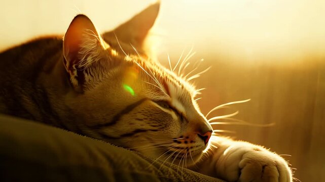Cat relaxing in warm sunlight, shifting from deep sleep to waking up with gentle eye opening