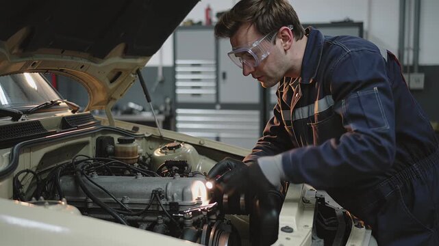 Mechanic man wearing safety glasses and gloves working on car engine in a detailed vehicle service and repair sequence