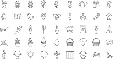 Spring garden icons set with Easter bunny and eggs