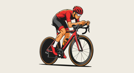 Naklejka premium A Cyclist In Red Uniform Races On Road Bike With Vector Illustration And Isolated Background