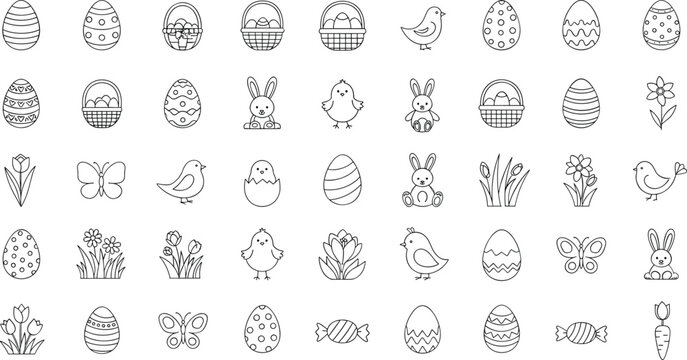 Easter themed line art icons collection for spring