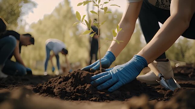 A group of volunteers comes together to plant a young tree in a community garden, fostering a sense of community and care for the environment.