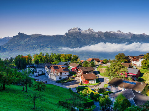 Triesenberg Village Chalets Overlooking Swiss Alps and Mist