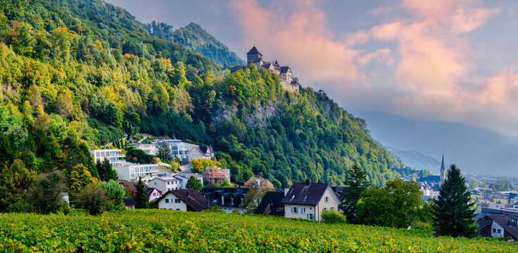 Panoramic Sunset View of Vaduz Castle and Vineyards