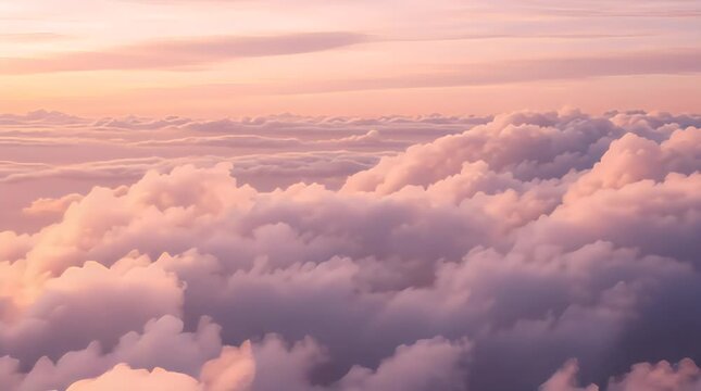 Soft pink clouds at sunrise above fluffy white cloud layers
