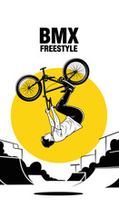 Fototapeta premium BMX Freestyle Champion Demonstrates Aerial Trickery Over a Bright Yellow Sun Design
