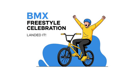 Naklejka premium BMX Freestyle Rider Celebrates Successful Landing with Joy and Excitement on Bike