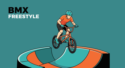 Fototapeta premium BMX Freestyle Rider Performing A Trick On A Ramp, Sporty Illustration, Creative Design