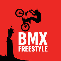 Obraz premium BMX Freestyle Silhouette: Dynamic Stunt Rider Performing Aerial Tricks On Red Background Design