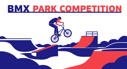 Fototapeta premium BMX Park Competition Rider Soaring Through Aerial Stunts Above Ramps