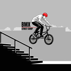Fototapeta premium BMX Rider Executes Aerial Stunt Off Staircase in Urban Environment for Extreme Sport