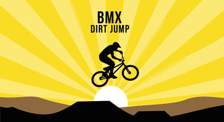 Fototapeta premium BMX Rider Performing Dirt Jump Against Bright Yellow Sunburst Background