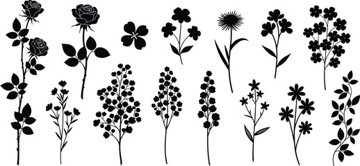 Fototapeta premium Floral silhouette set with roses and wildflowers in black, botanical collection of blooming plants for wedding design, spring decoration, vector clipart