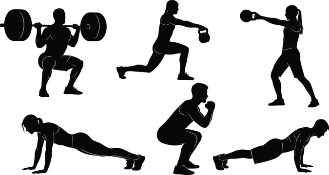 Fitness workout silhouette collection featuring strength training exercises like squats, lunges, kettlebell swings, pushups, and gym poses for sport vector designs