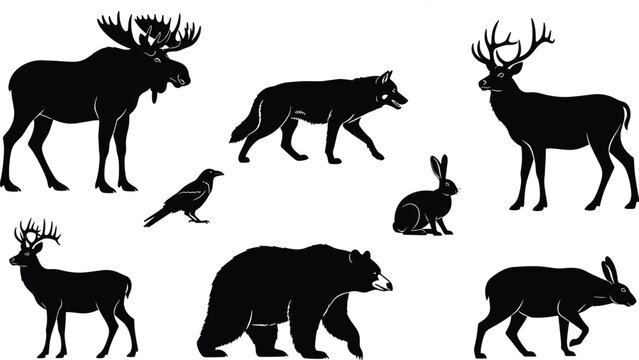 Forest wildlife silhouette set with moose, deer, wolf, bear, rabbit and raven, woodland animal collection for nature design, hunting logo vector