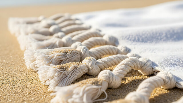 White rope on sandy beach with waves in the background