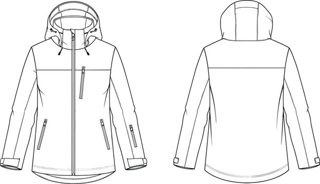 Technical fashion flat sketch of a women's white hooded winter jacket with zipper pockets, adjustable cuffs, and outdoor performance design