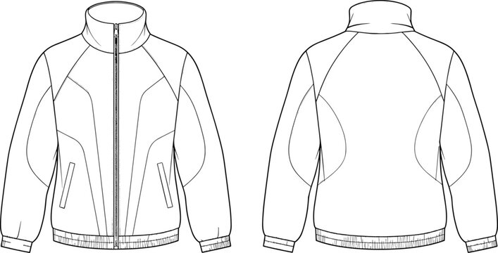 Technical fashion flat sketch of a women's white zip-up athletic jacket with raglan sleeves, stand collar, and side pockets design