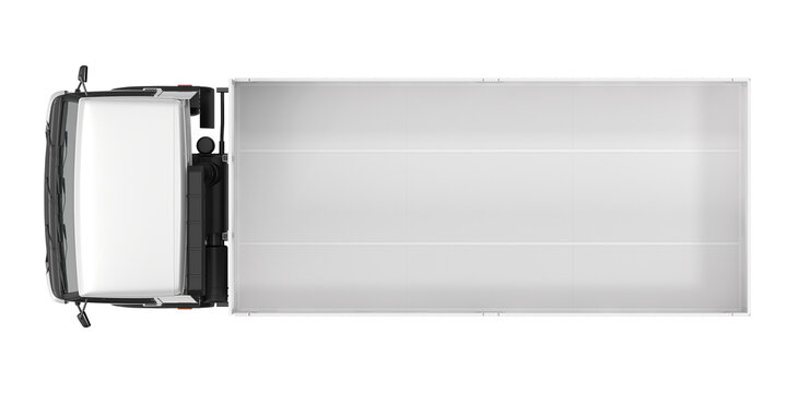 Top view of a white delivery truck with a large cargo box on a white background