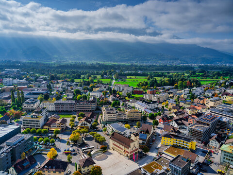 Aerial View of Vaduz City Center and Town Hall in Autumn