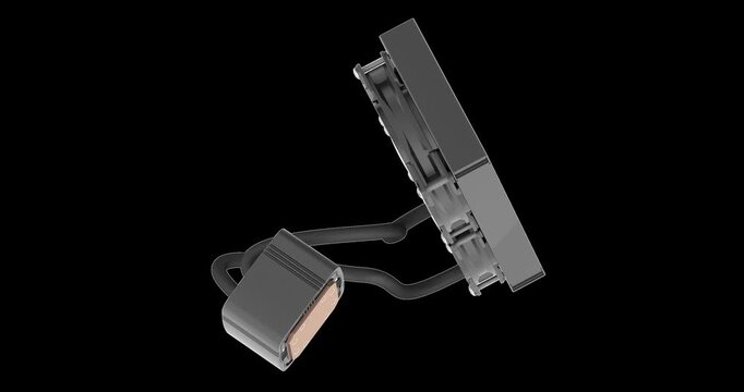 Liquid CPU cooler, modern AIO water cooling system rotation animation seamlessly loopable. 3D rendering isolated on transparent background
